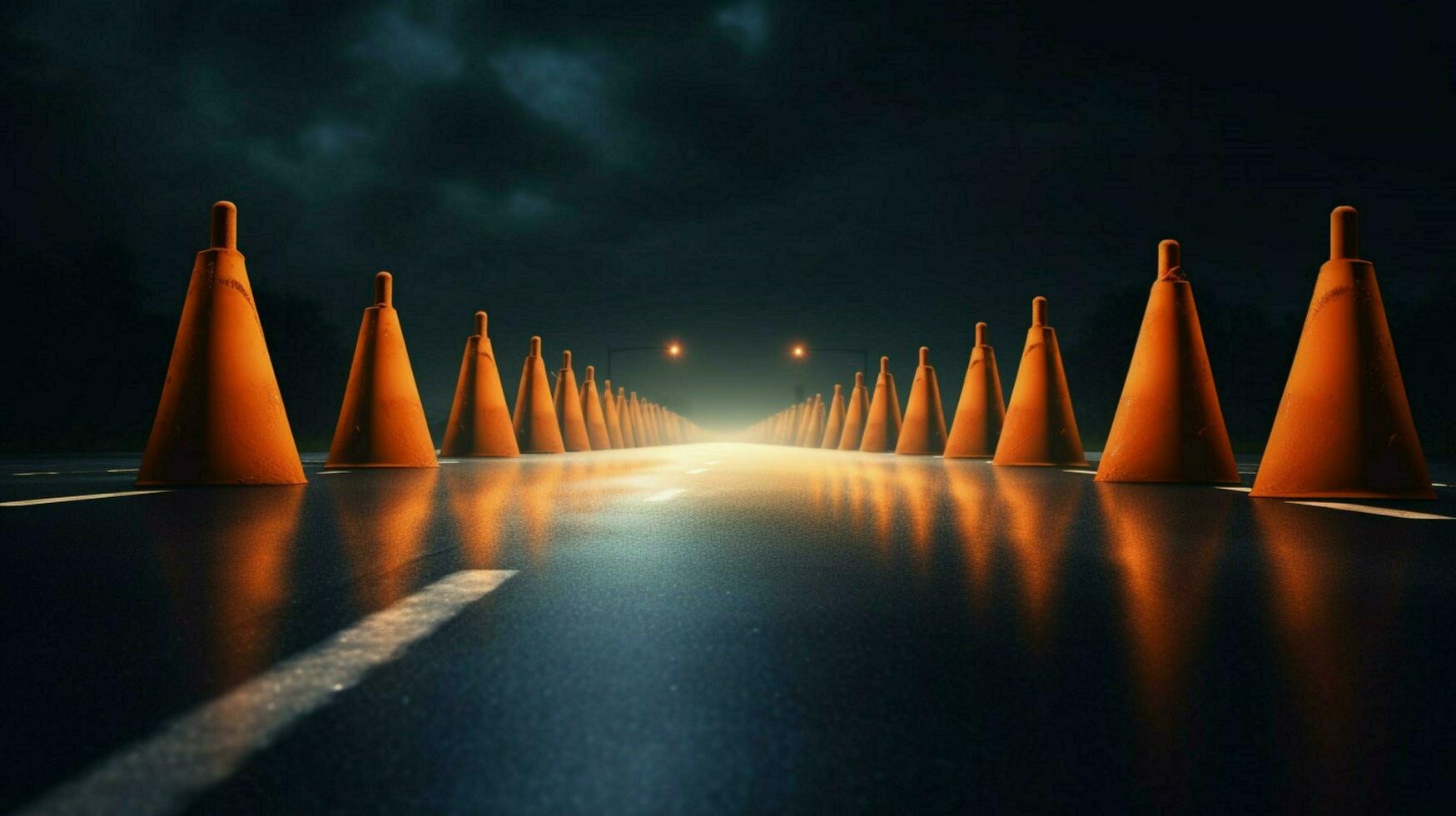 a row of traffic cones on a deserted road photo