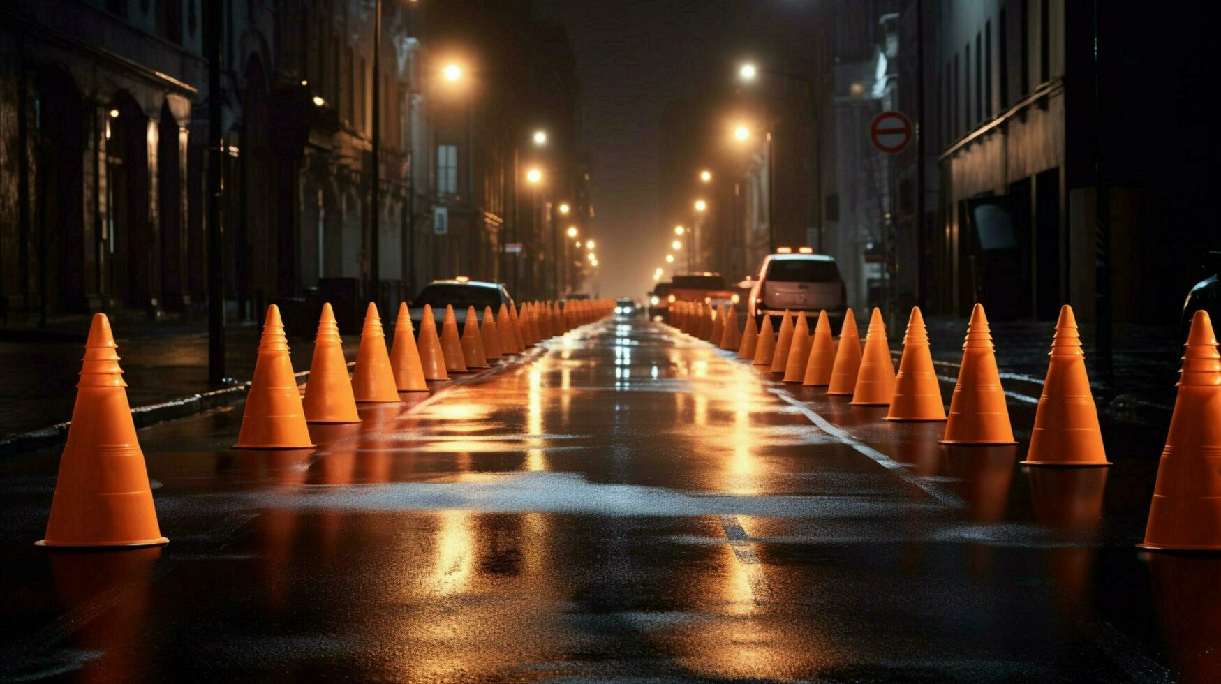 a row of traffic cones in the middle of a dark photo