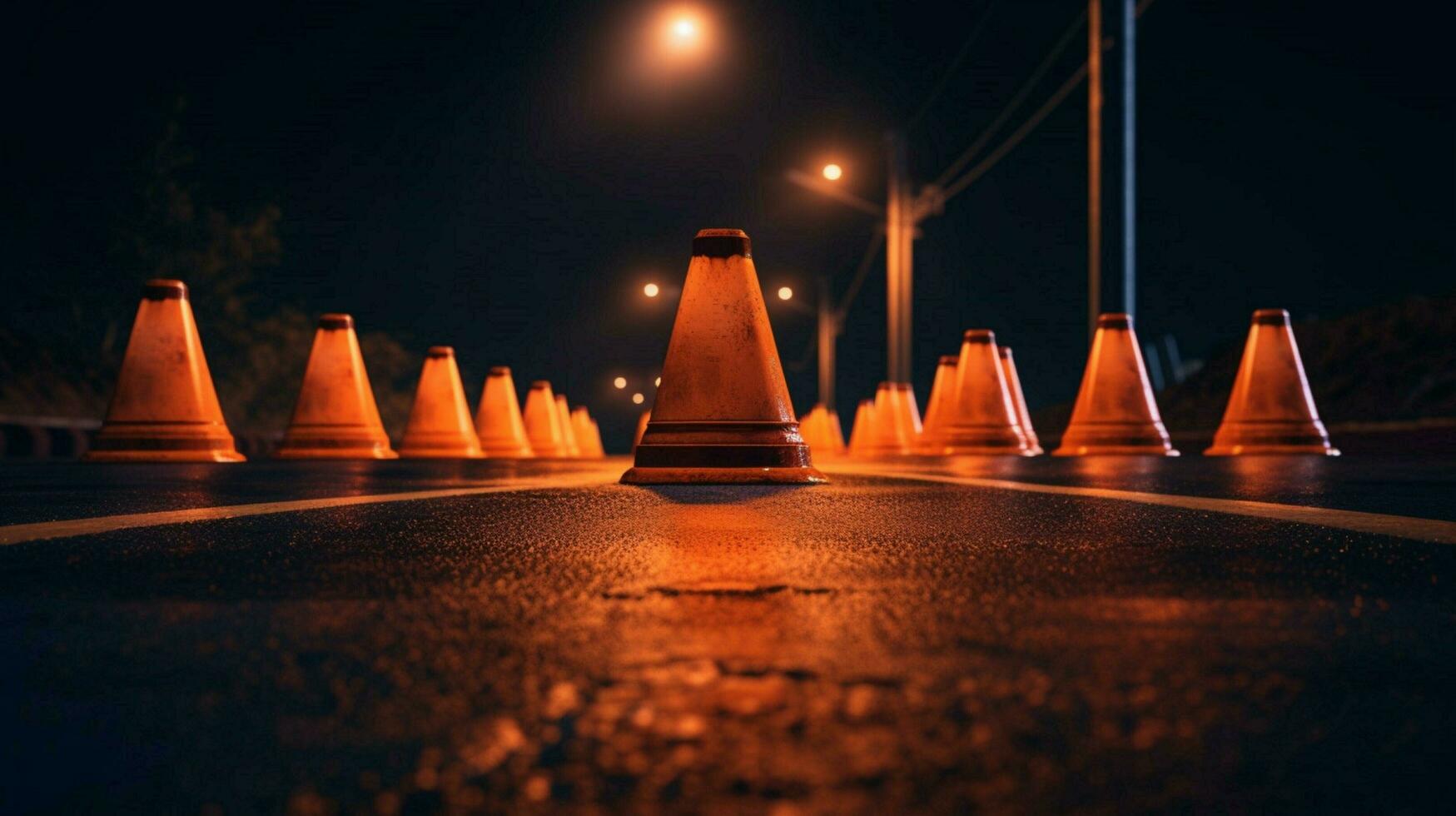 a row of traffic cones on a deserted road photo