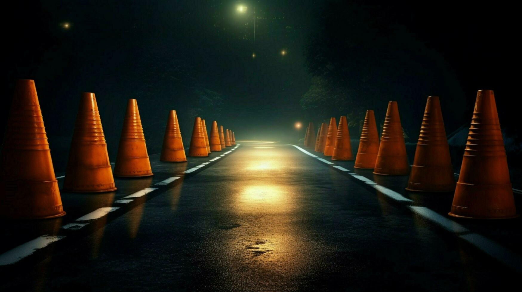 a row of traffic cones on a deserted road photo