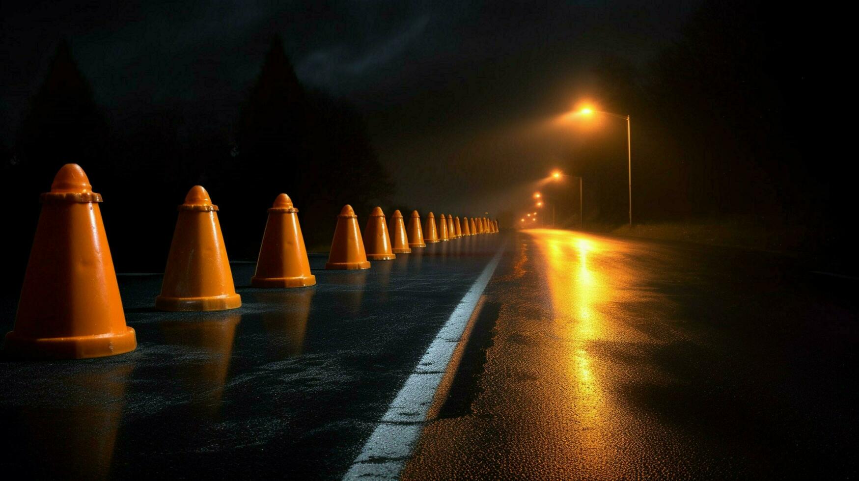 a row of traffic cones on a deserted road photo