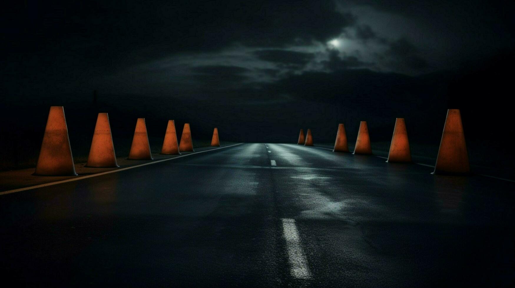 a row of traffic cones on a deserted road photo