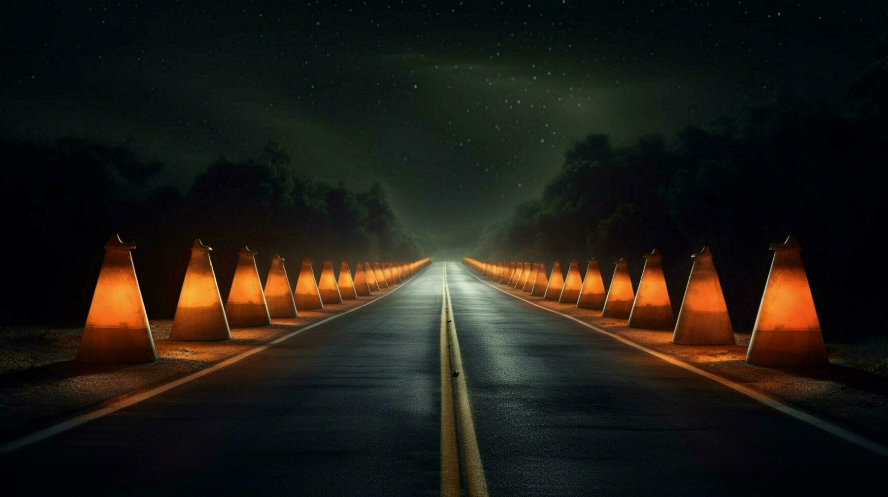 a row of traffic cones on a deserted road photo