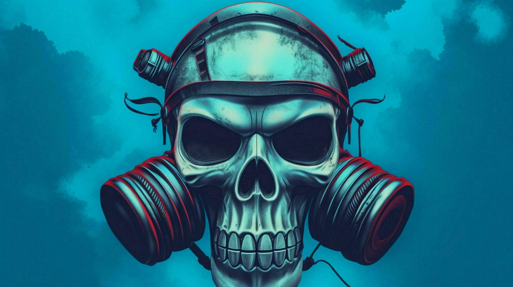 a skull with a gas mask and a blue background photo