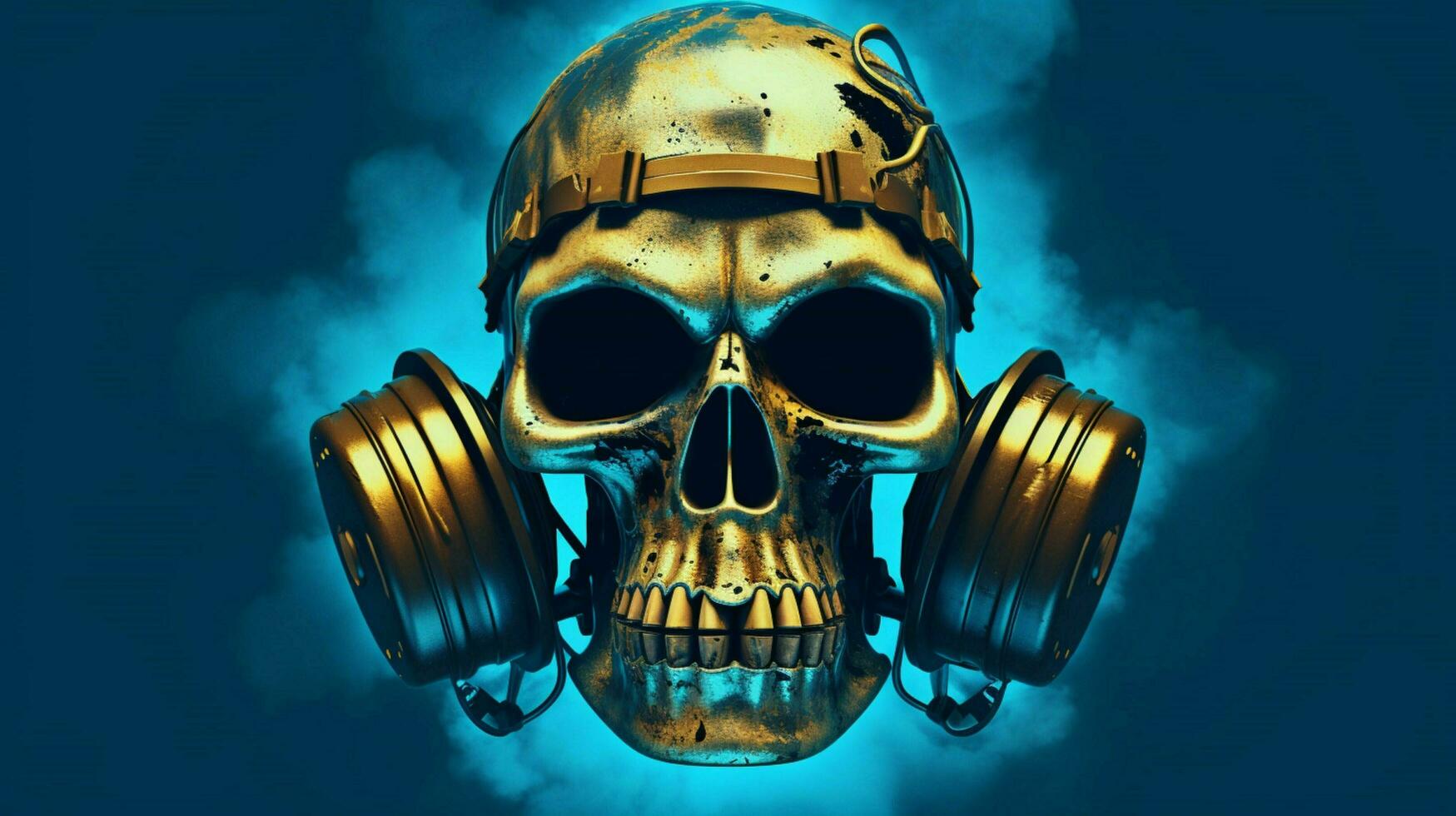 a skull with a gas mask and a blue background photo