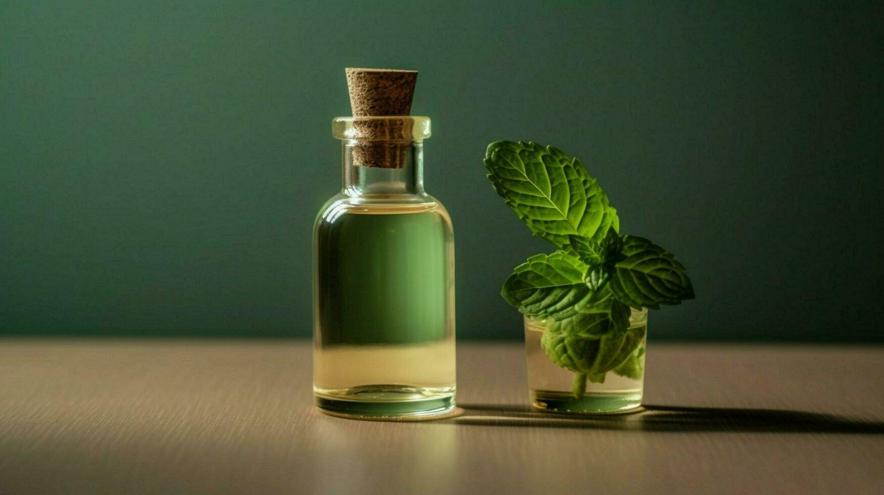 a small bottle of mint essential oil next photo