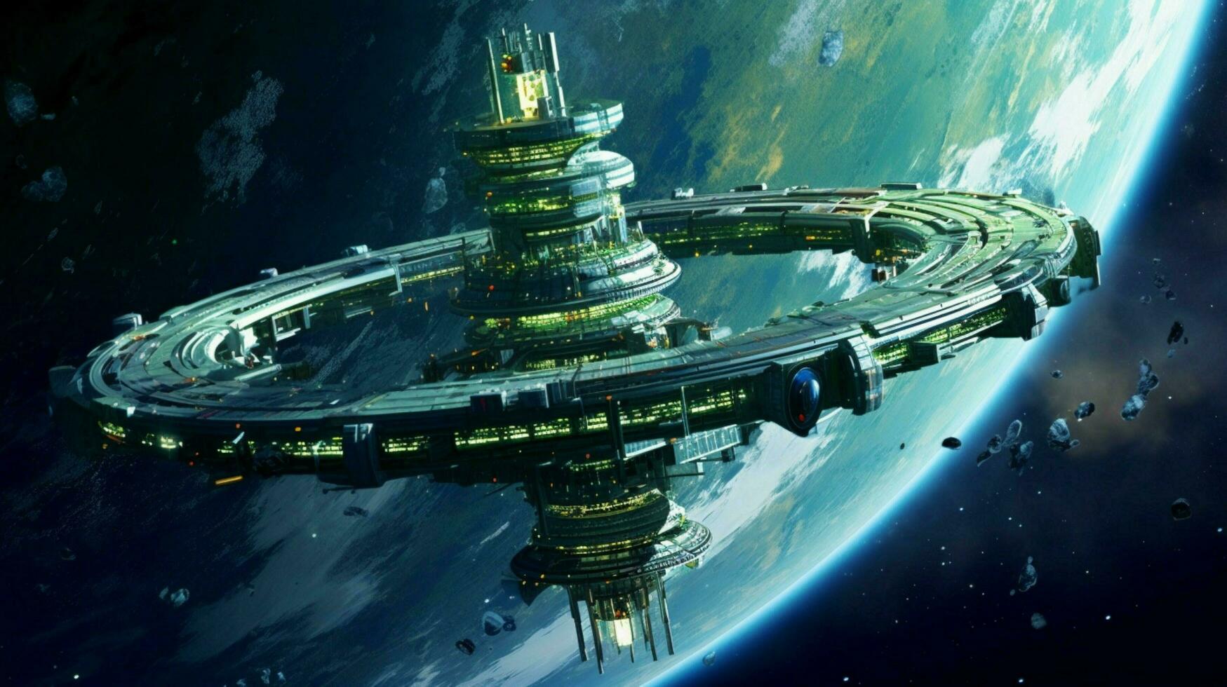a space station orbiting a bluegreen planet photo