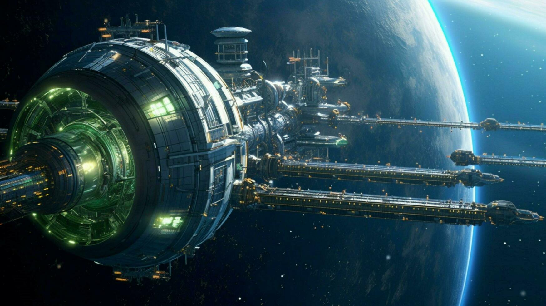 a space station orbiting a bluegreen planet photo