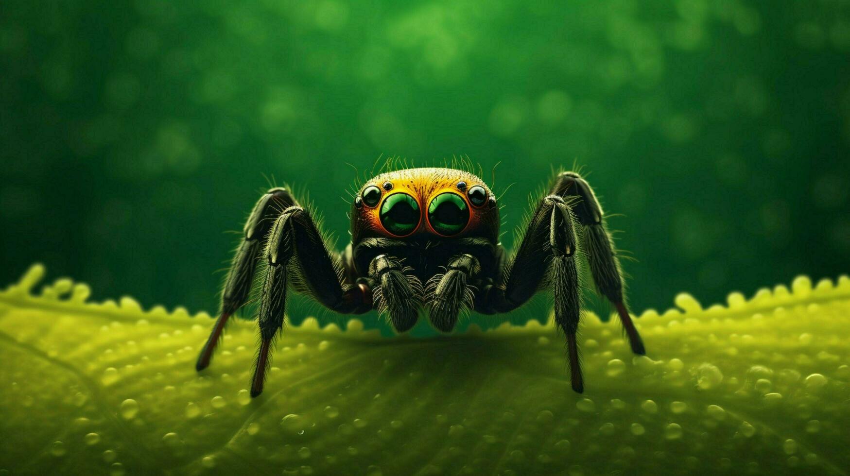 a spider with yellow eyes is on a green background photo