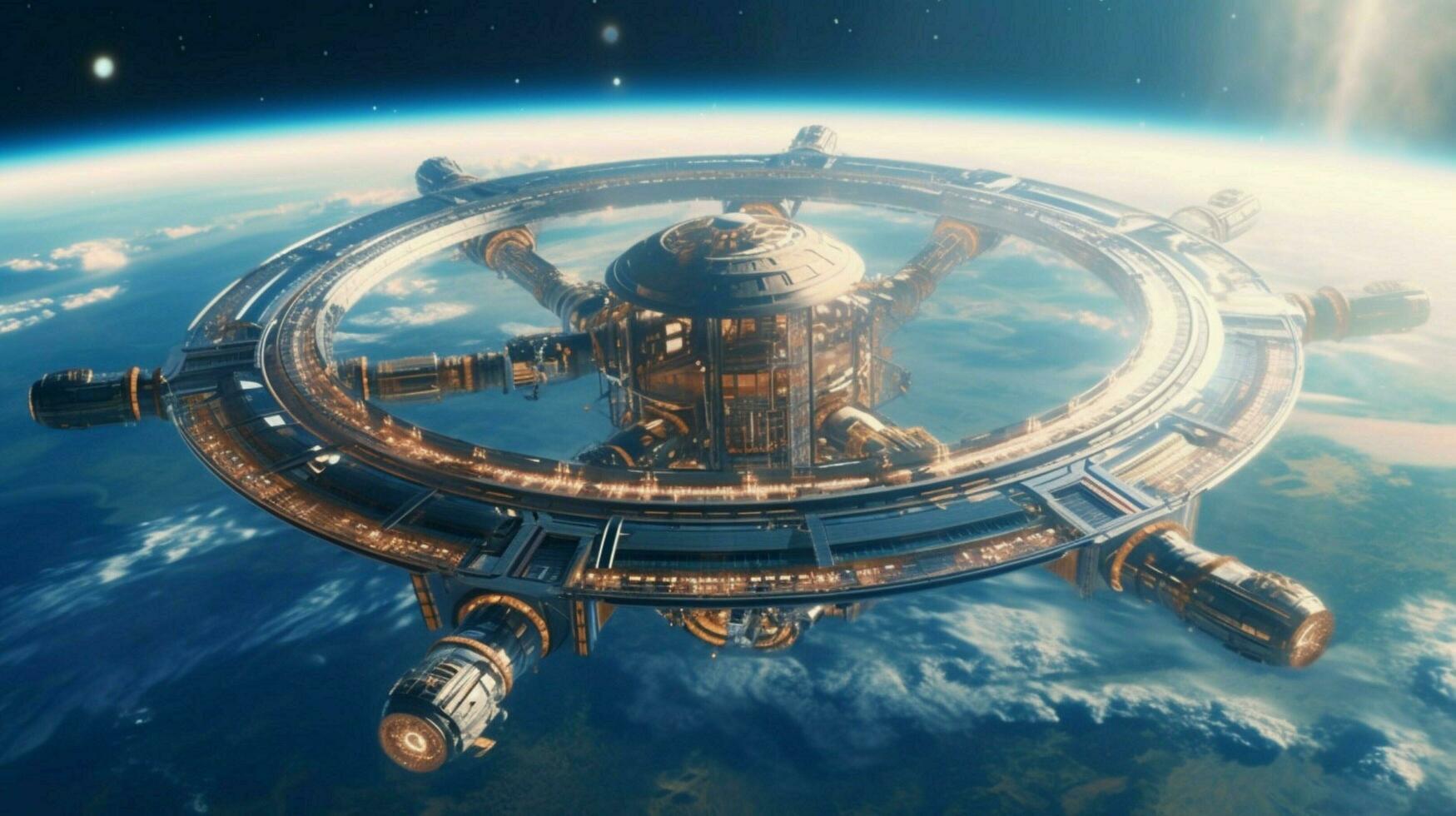 a spinning space station with the earth visible photo
