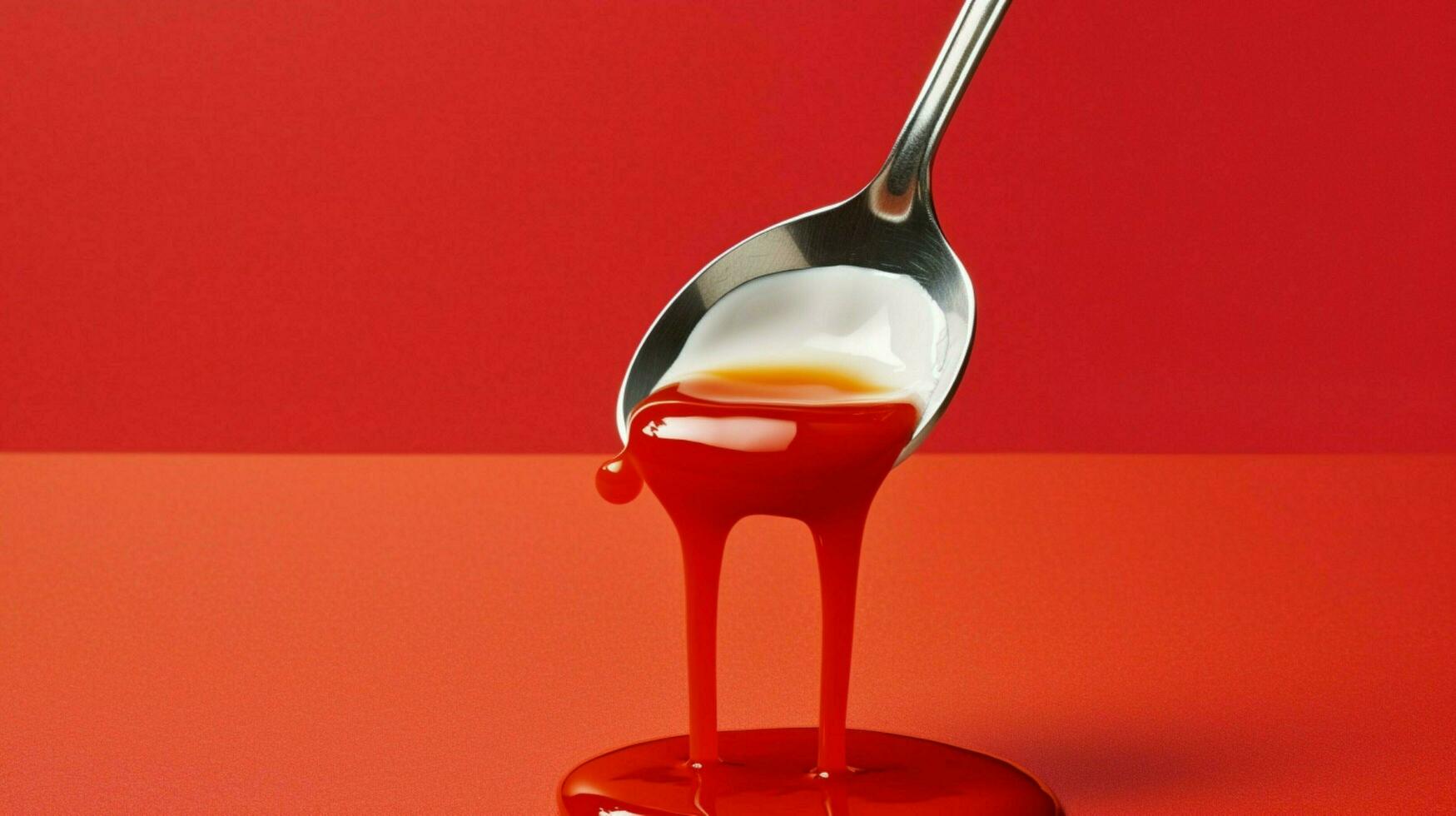 a spoonful of food with a red sauce dripping down photo