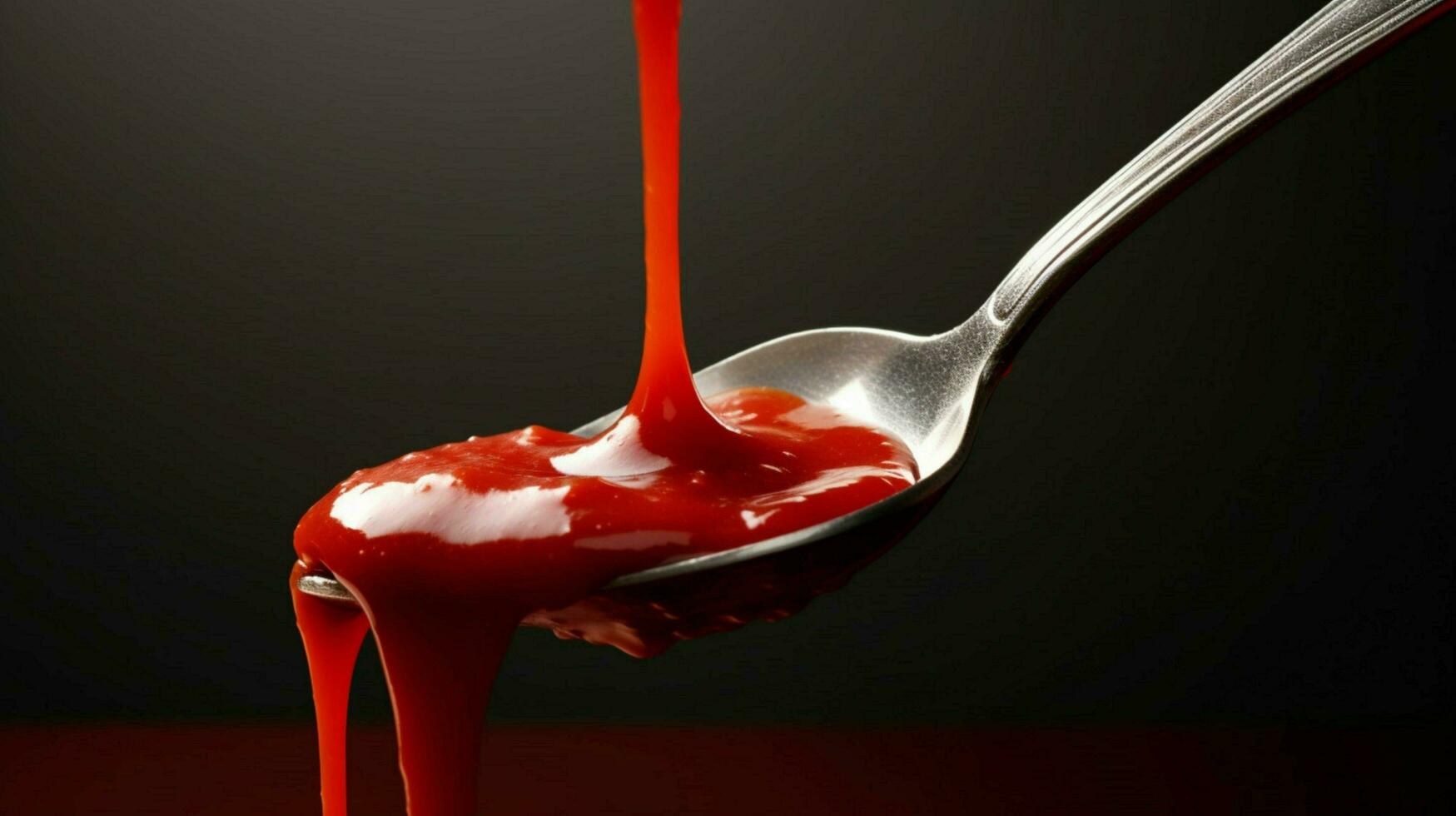 a spoonful of food with a red sauce dripping down photo