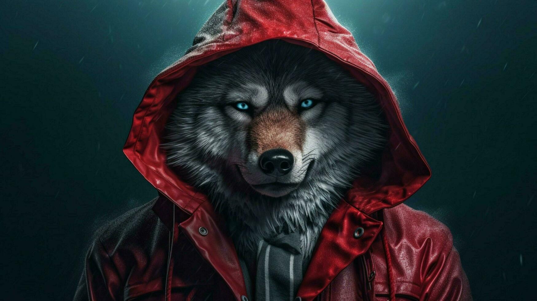 a wolf in a red jacket with a hoodie photo