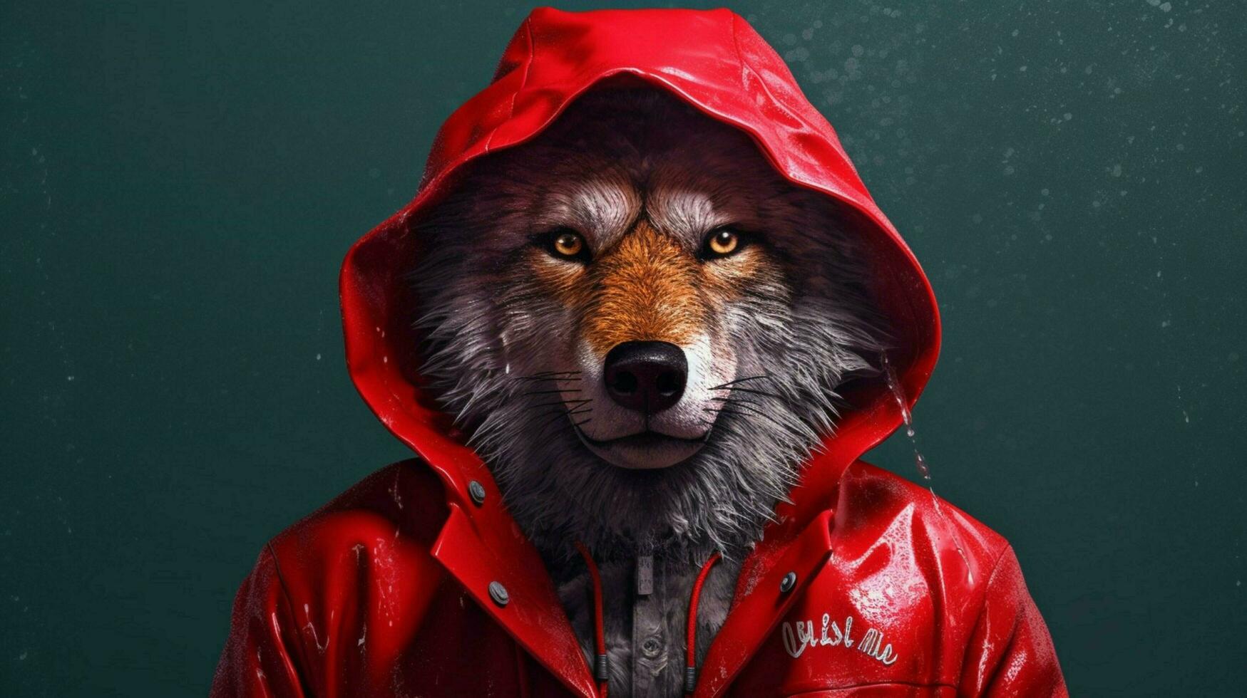 a wolf in a red jacket with a hoodie photo