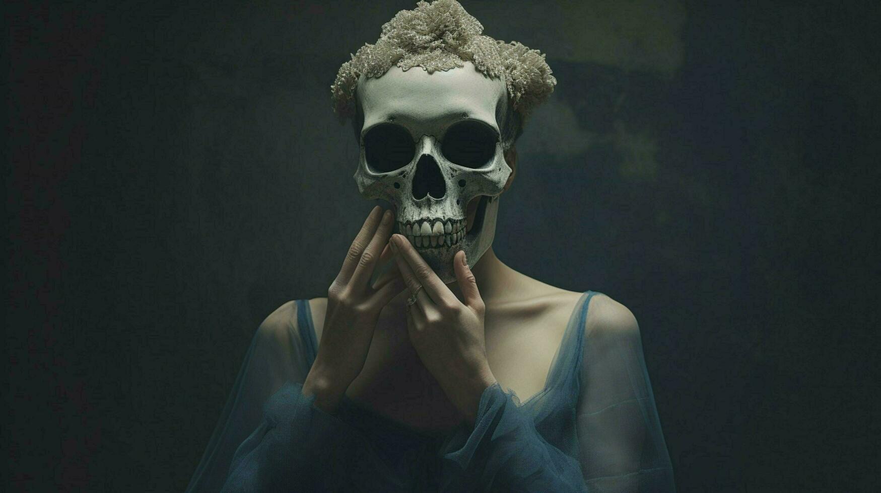 a woman in a blue dress with a skull mask on her photo