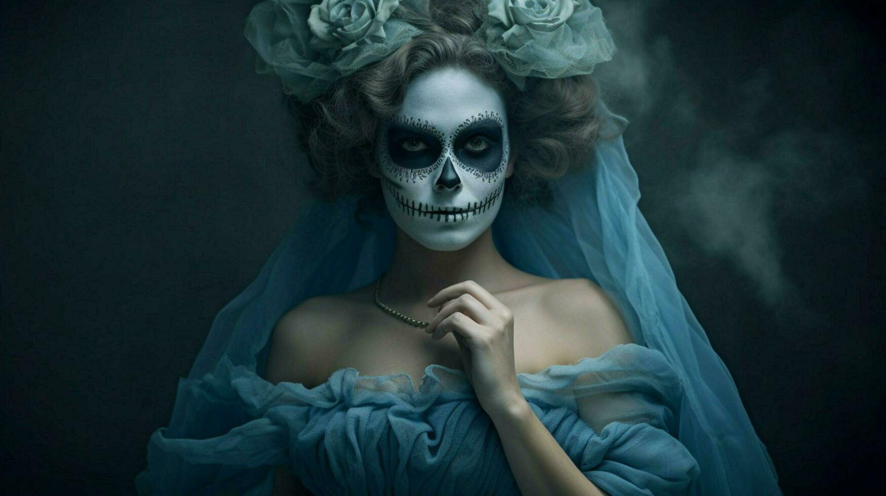 a woman in a blue dress with a skull mask on her photo