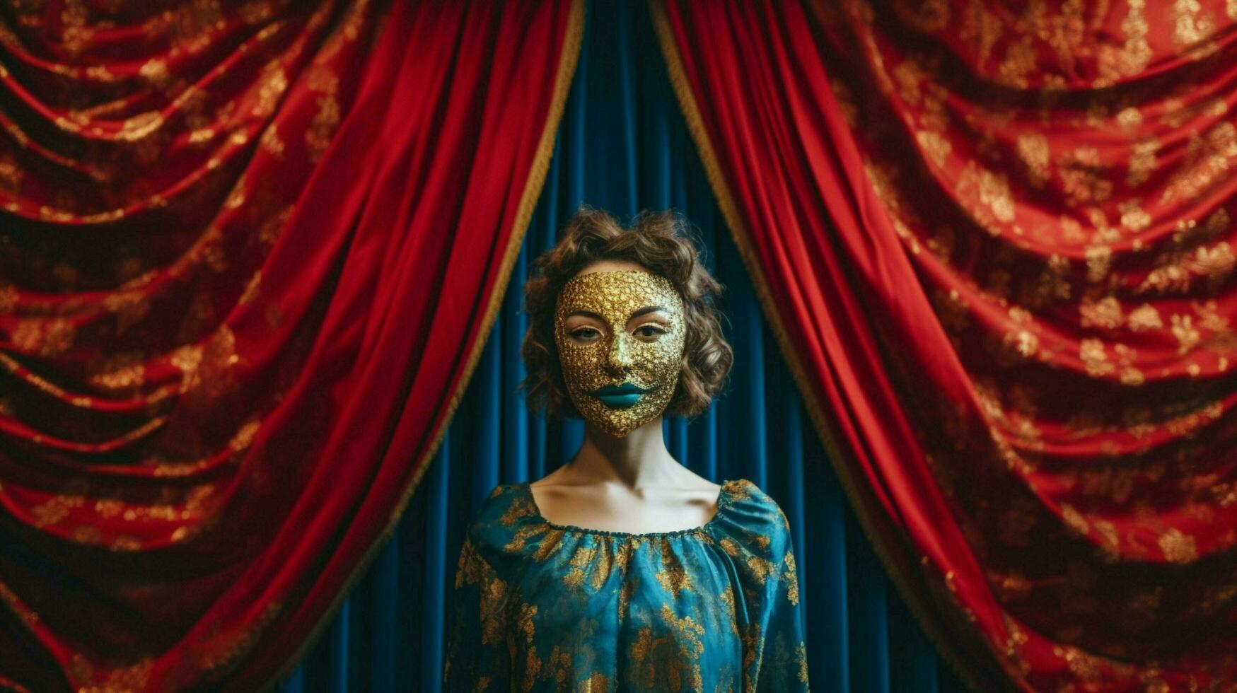 a woman in a blue mask and a red and gold curtain photo