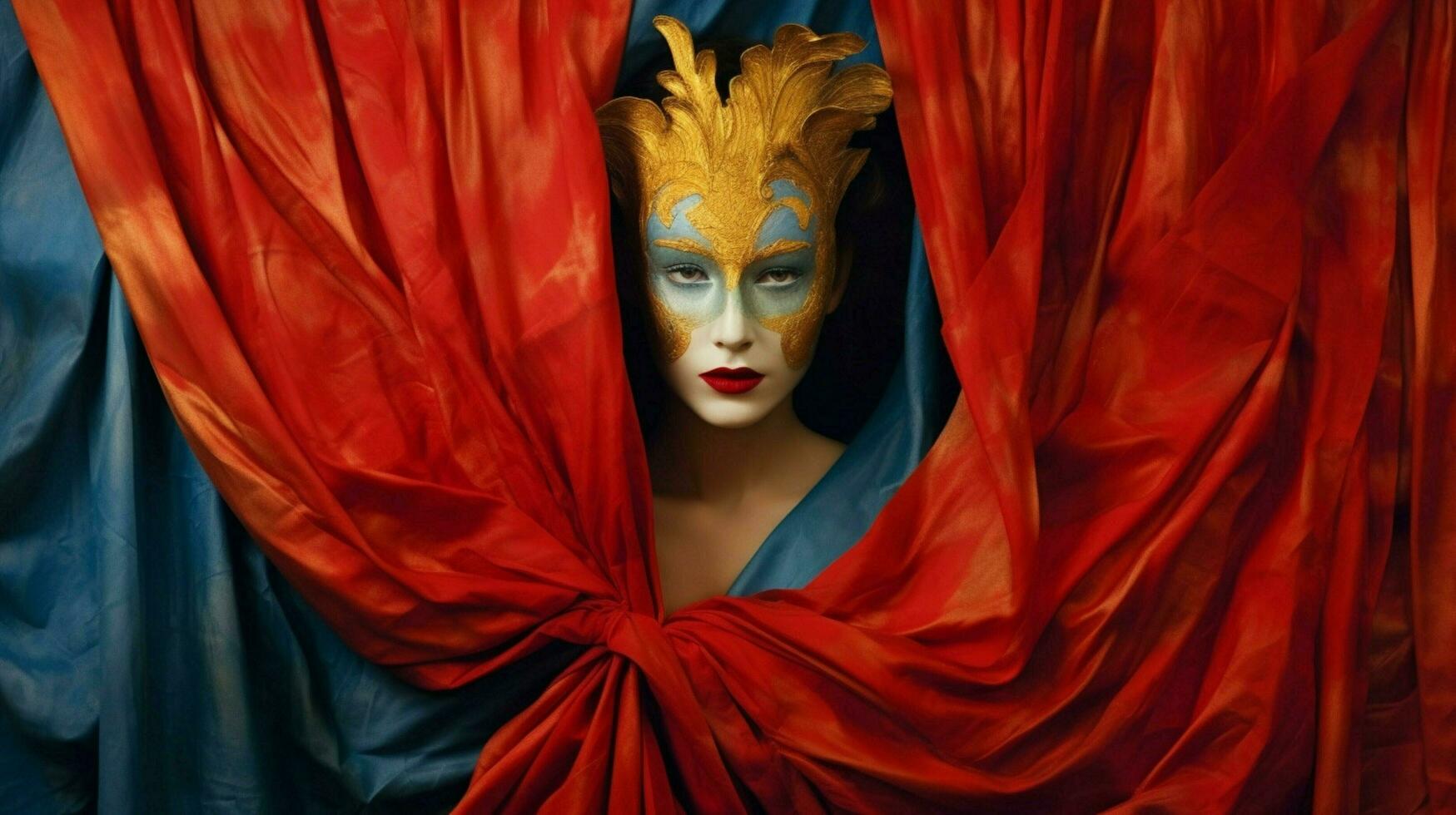 a woman in a blue mask and a red and gold curtain photo