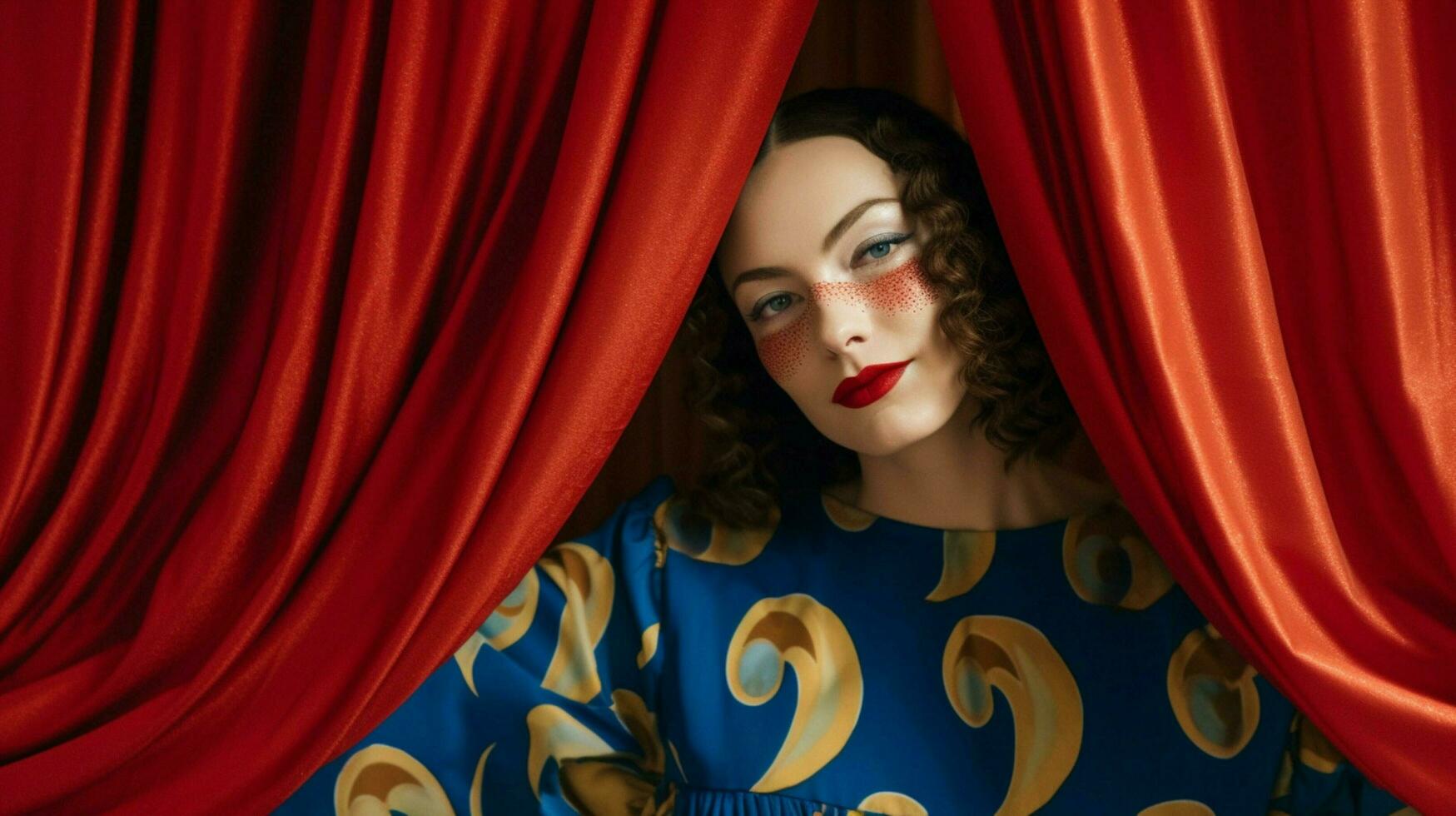 a woman in a blue mask and a red and gold curtain photo