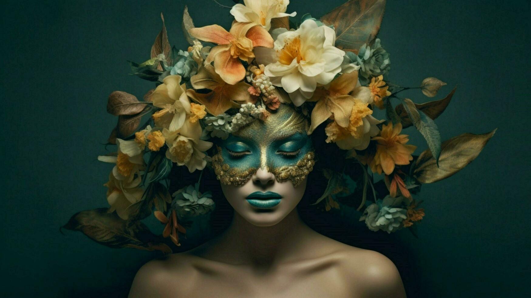 a woman in a mask with a flower on her head photo