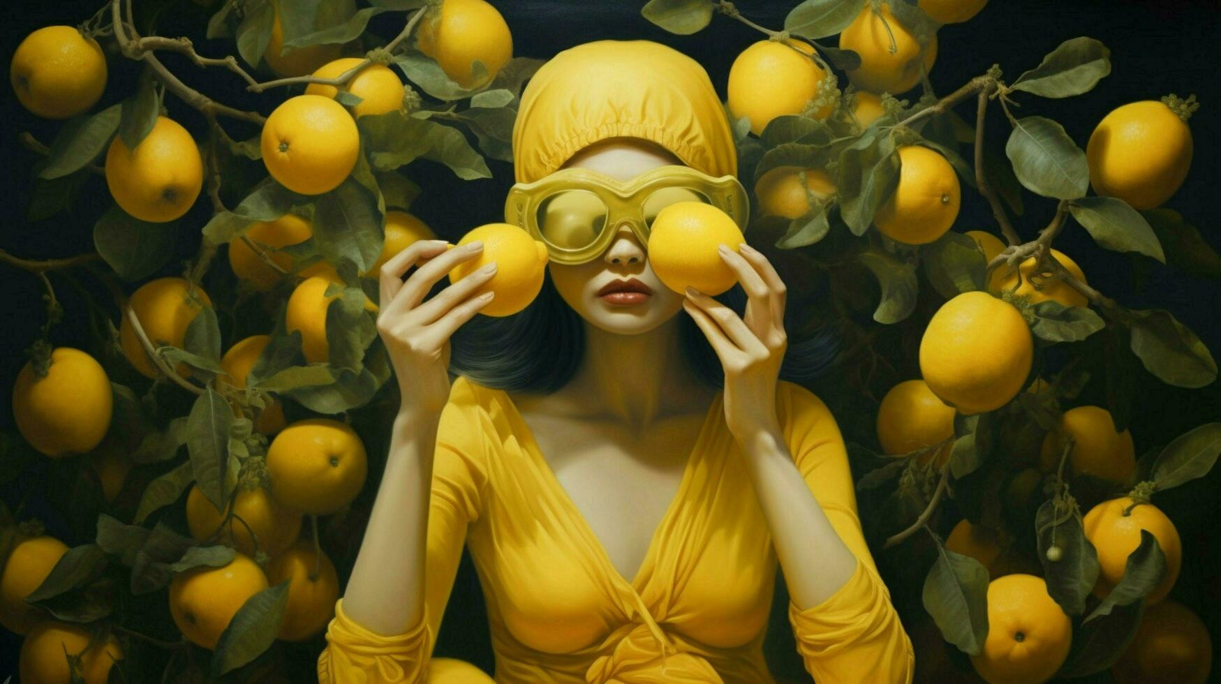 un mujer en un amarillo vestir con un máscara de Fruta en foto