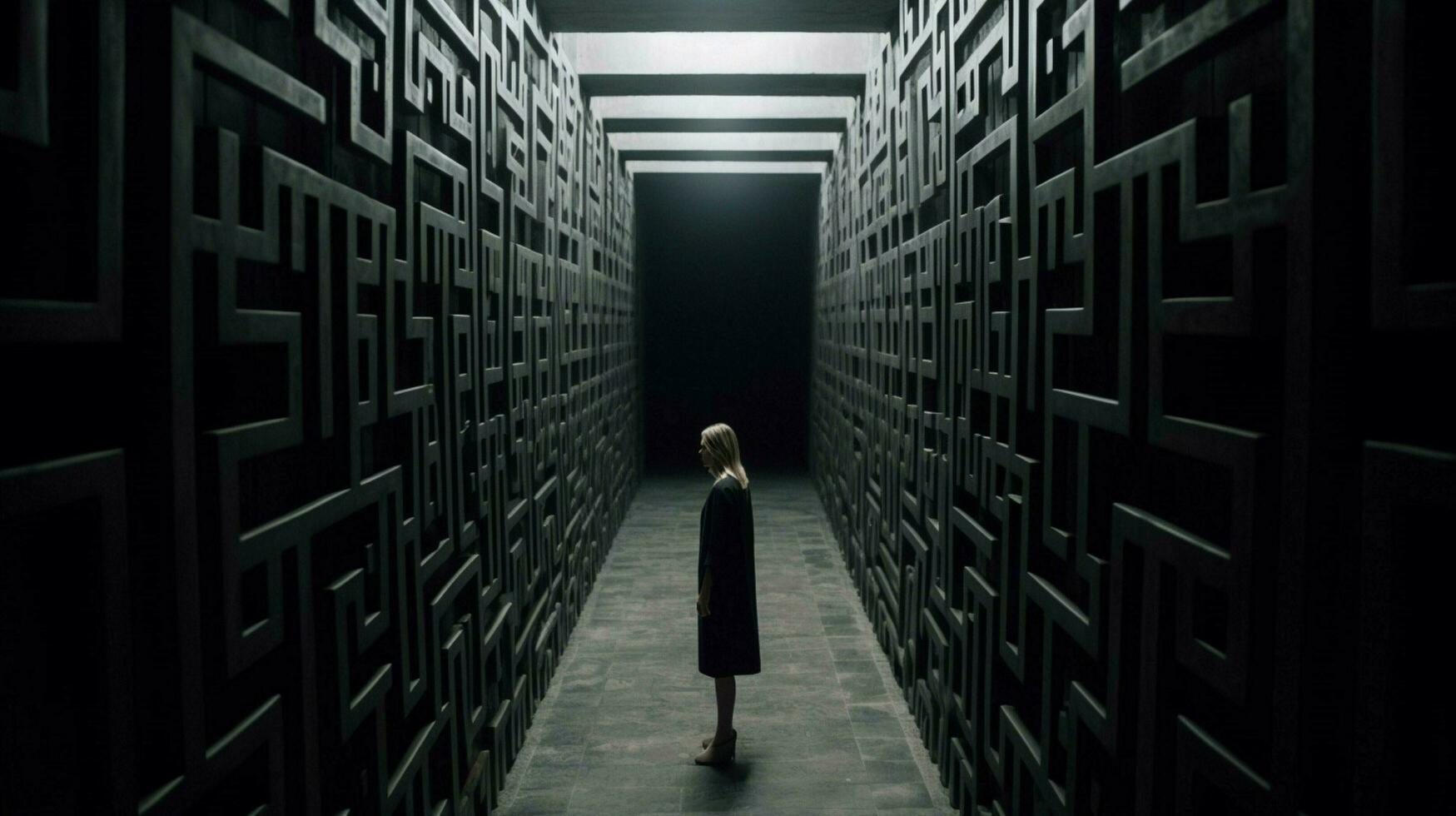 a woman walks down a dark hallway with a large ma photo