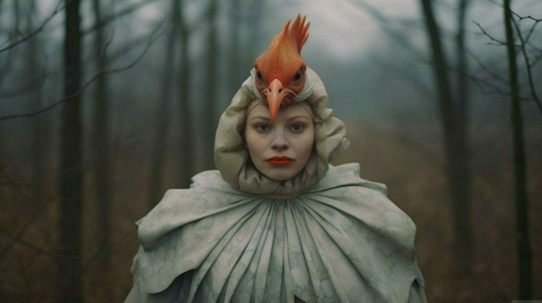 a woman wearing a chicken mask and a bird on her photo