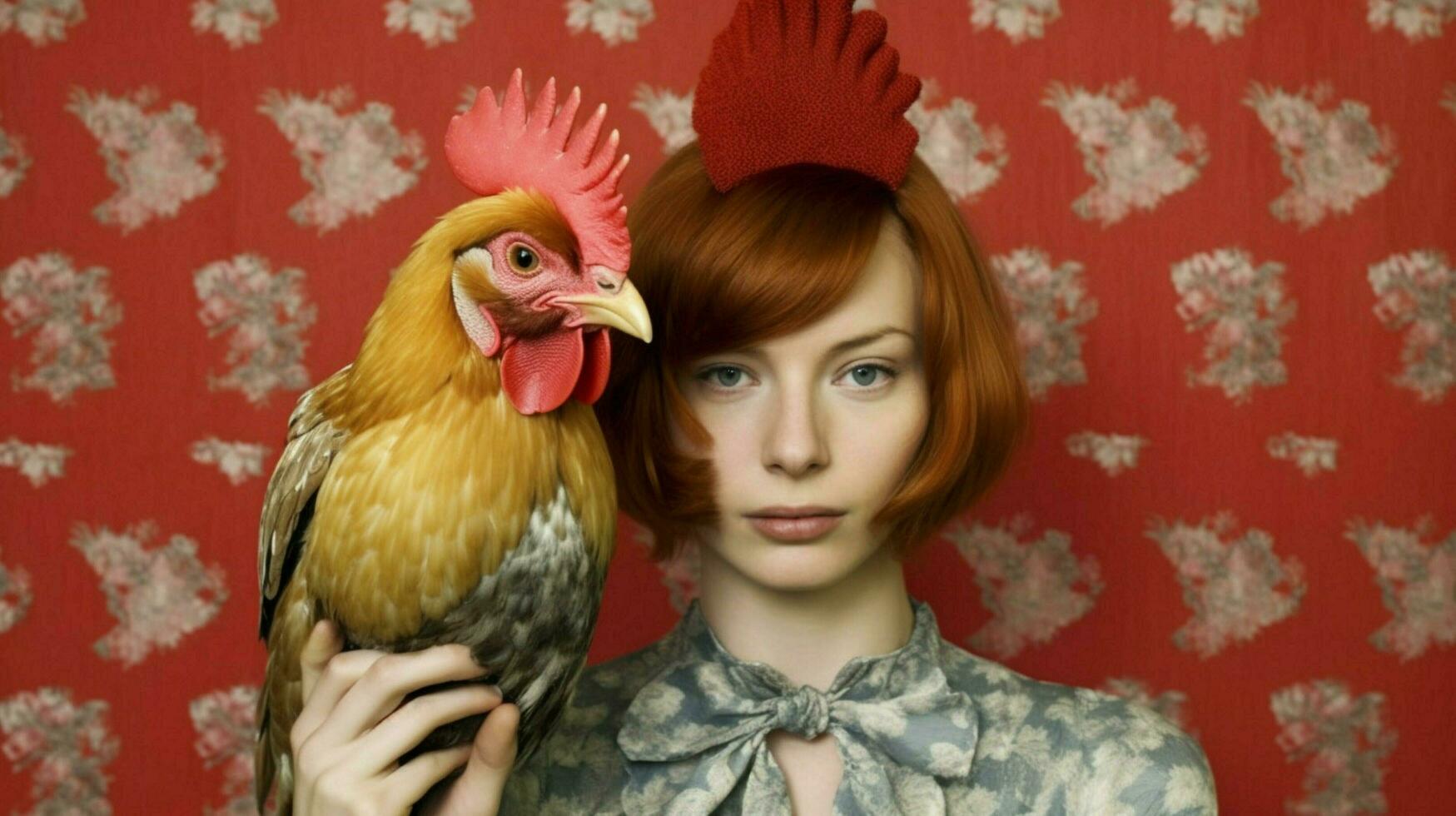 un mujer vistiendo un pollo máscara y un pájaro en su foto