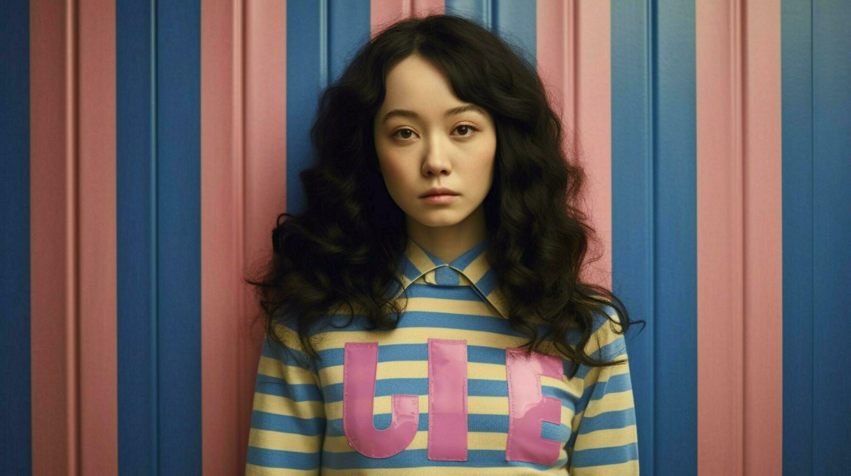 a woman wearing a pink and blue striped shirt wit photo