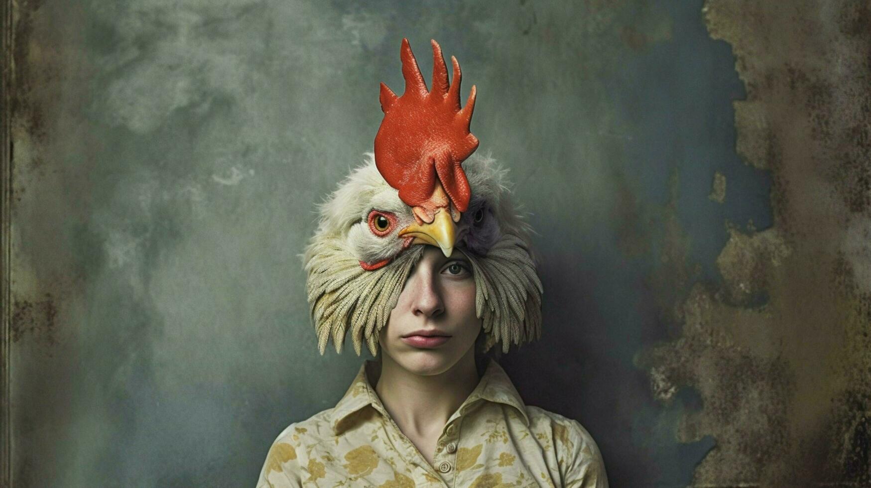 a woman wearing a chicken mask and a bird on her photo