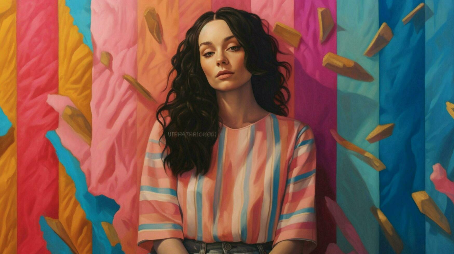a woman wearing a pink and blue striped shirt wit photo