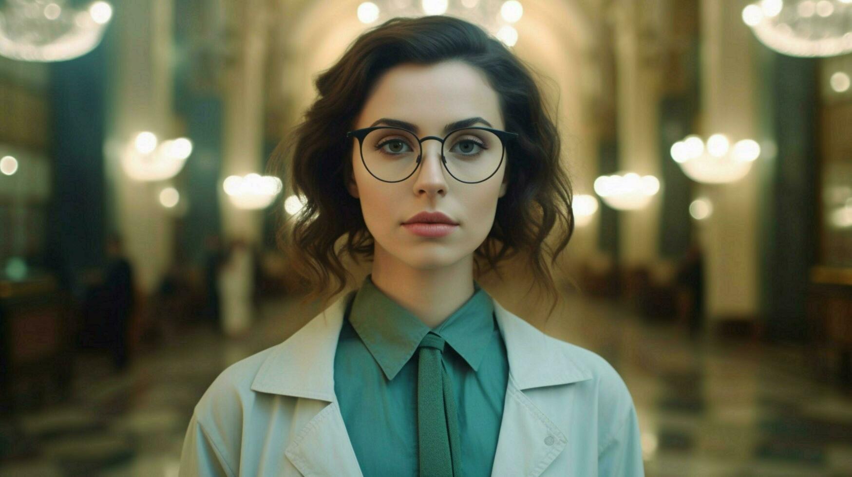 a woman wearing glasses that sayim a doctor photo