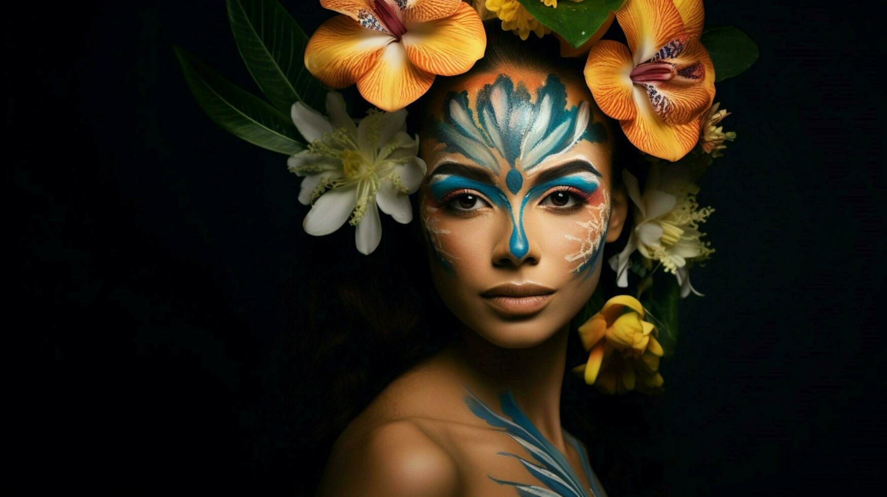 un mujer con un cara pintado con un flor en eso foto