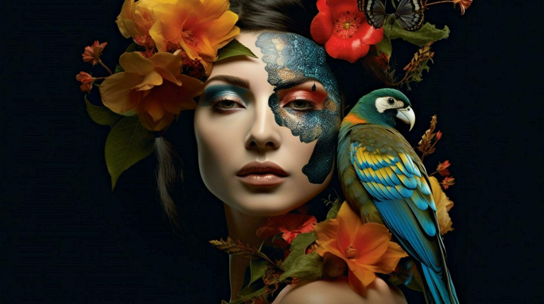 a woman with a face painted with flowers and a bi photo