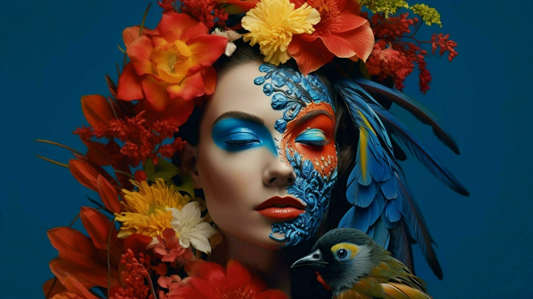 a woman with a face painted with flowers and a bi photo