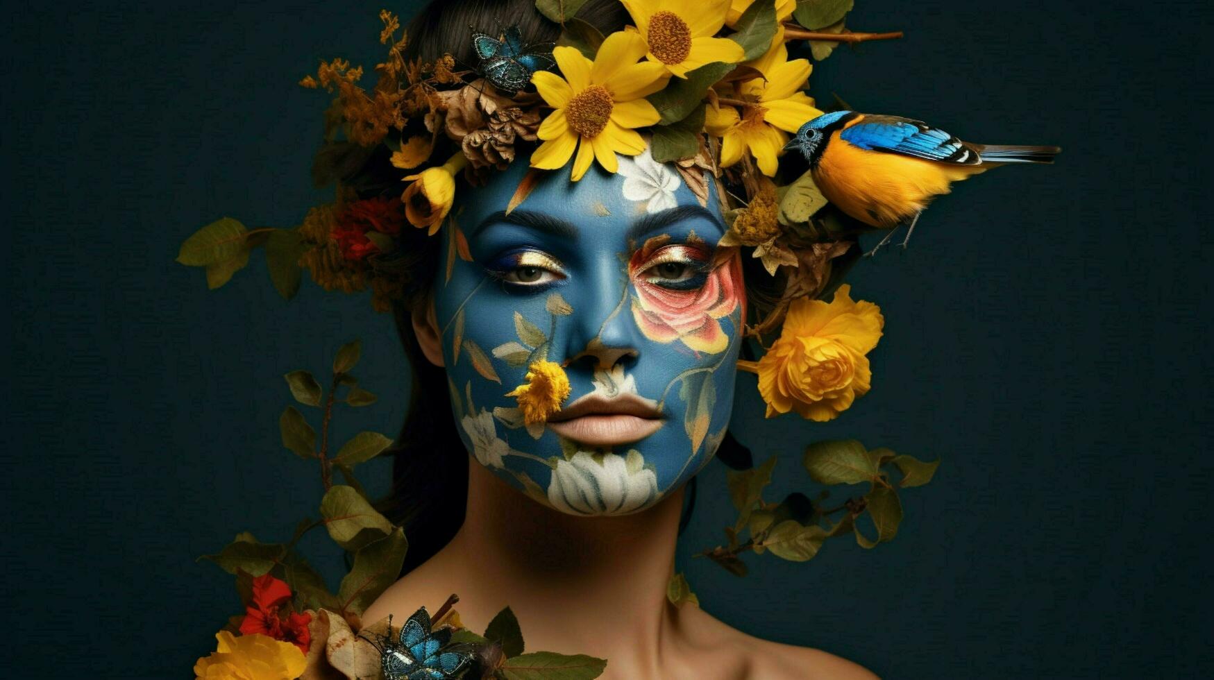 un mujer con un cara pintado con flores y un bi foto