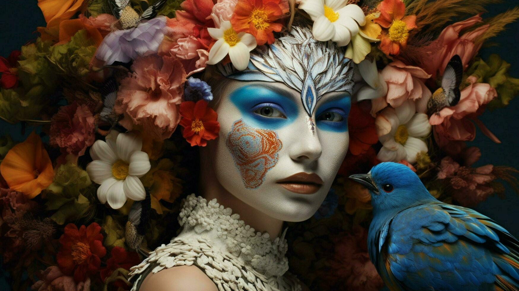 a woman with a face painted with flowers and a bi photo