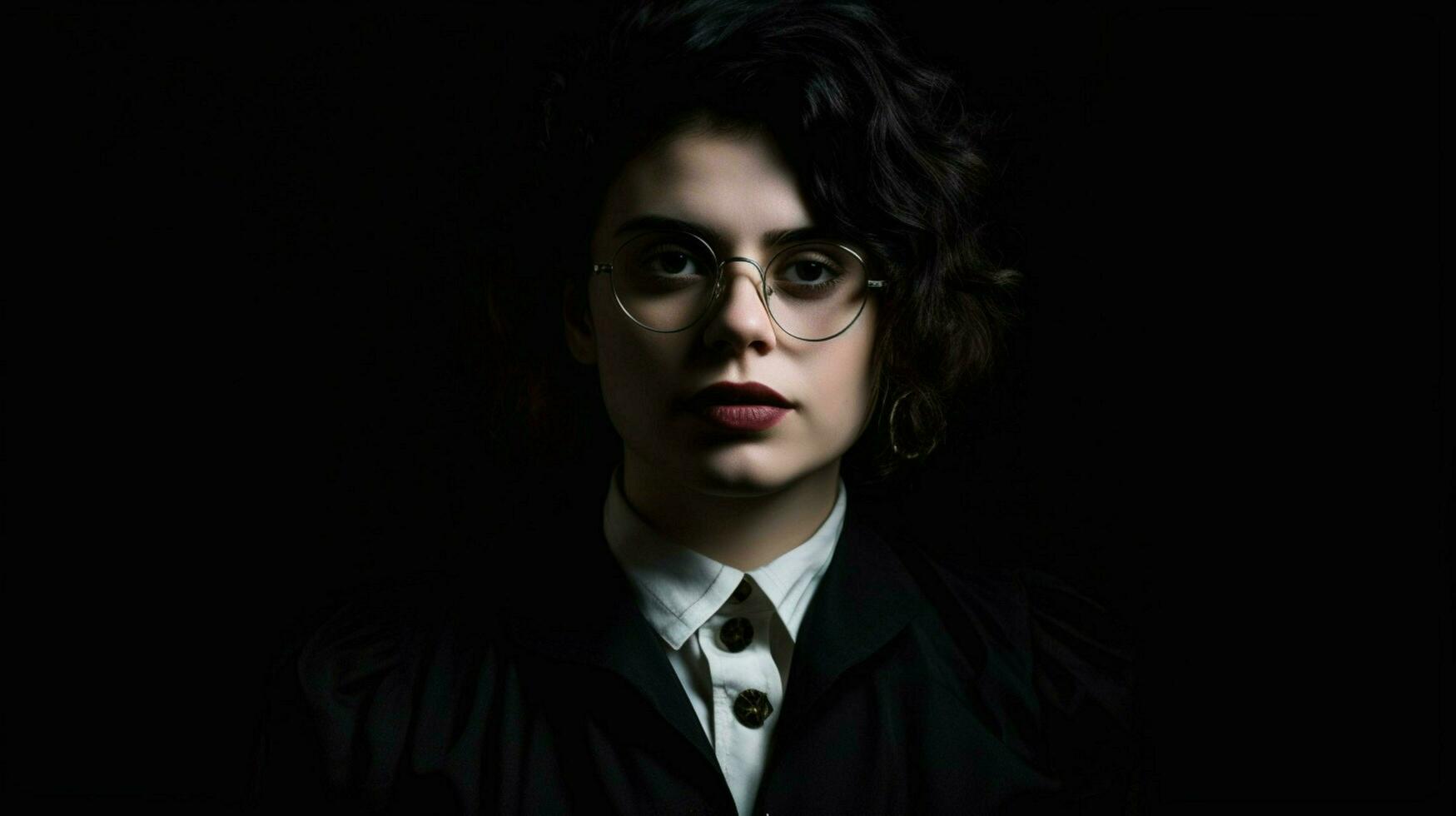 a woman wearing glasses stands in front of a dark photo