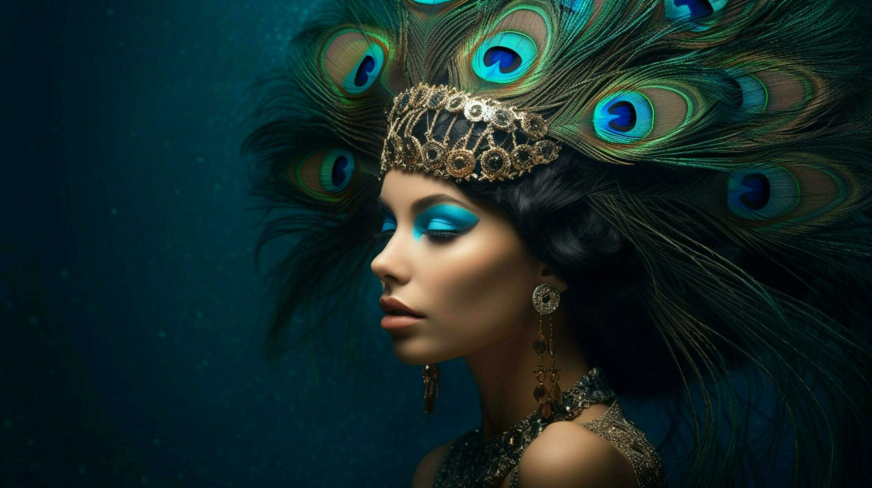 a woman with a peacock feather on her head photo