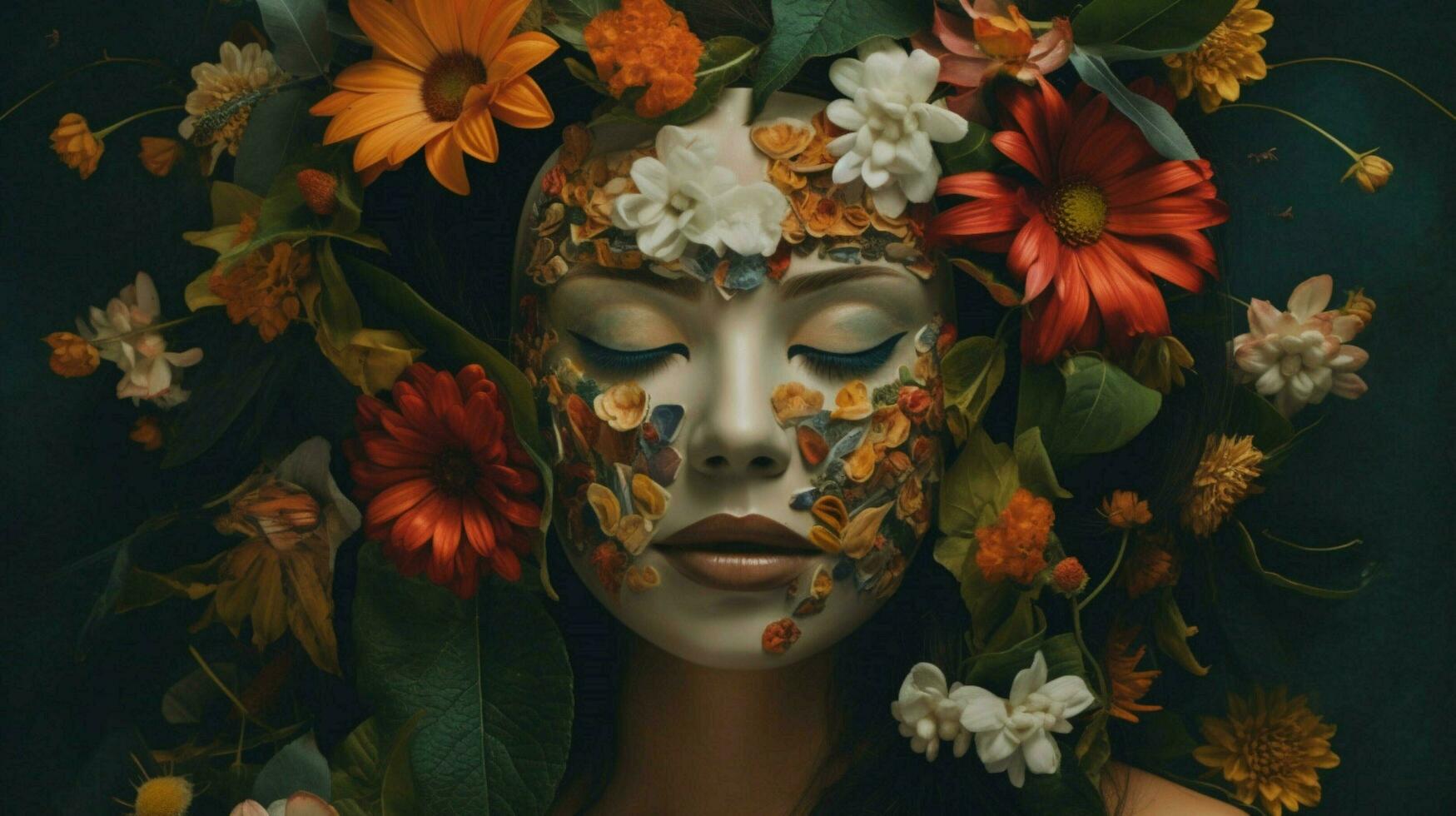 a woman with a mask on her face and flowers on th photo