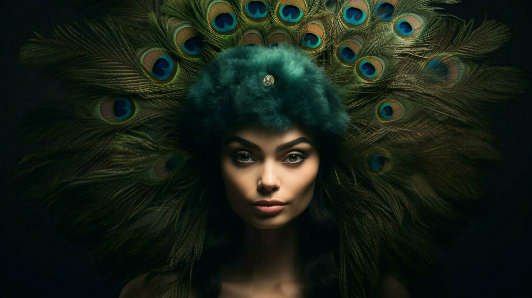 a woman with a peacock feather on her head photo