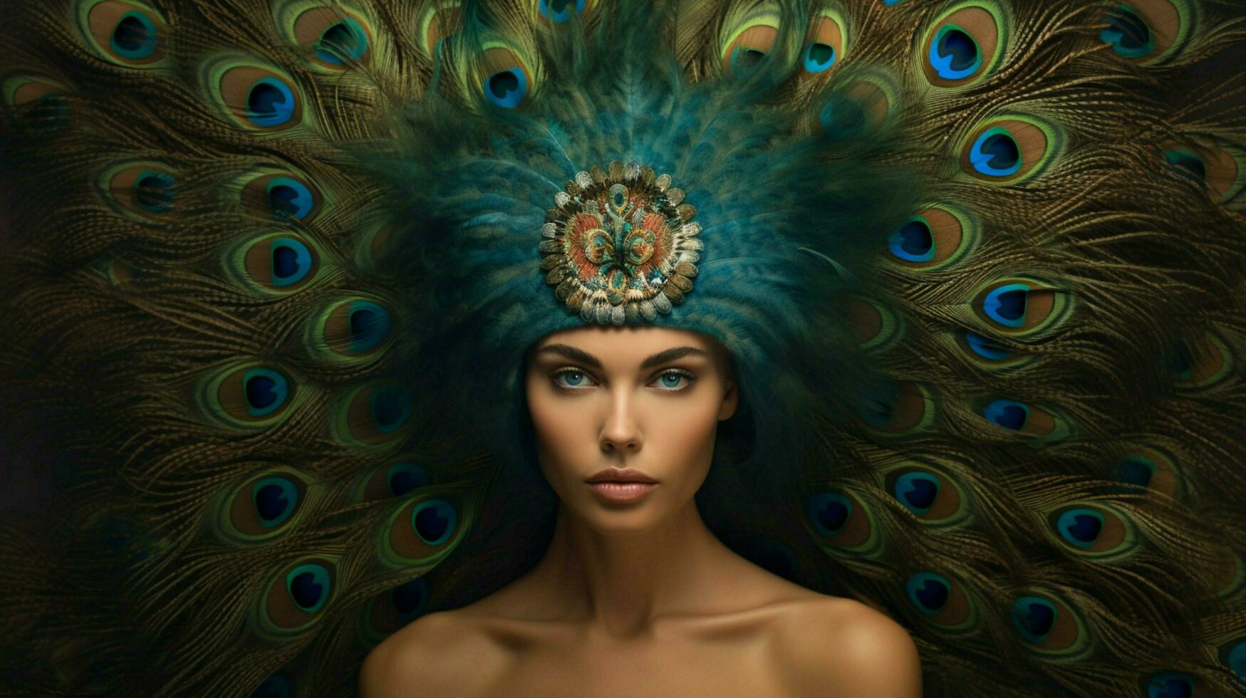 a woman with a peacock feather on her head photo