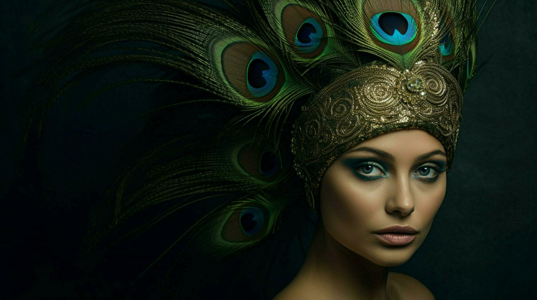 a woman with a peacock feather on her head photo