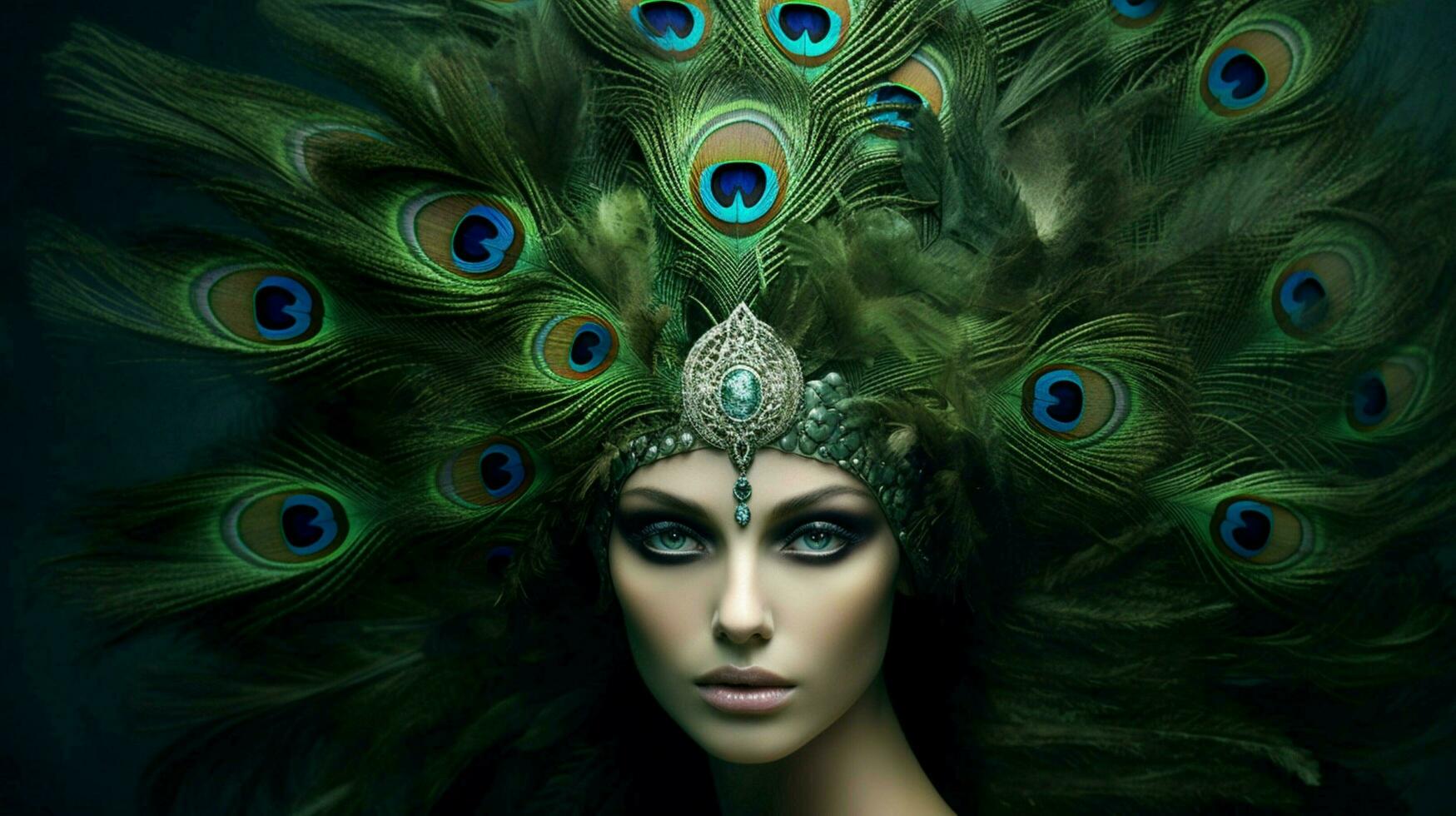 un mujer con un pavo real pluma en su cabeza foto