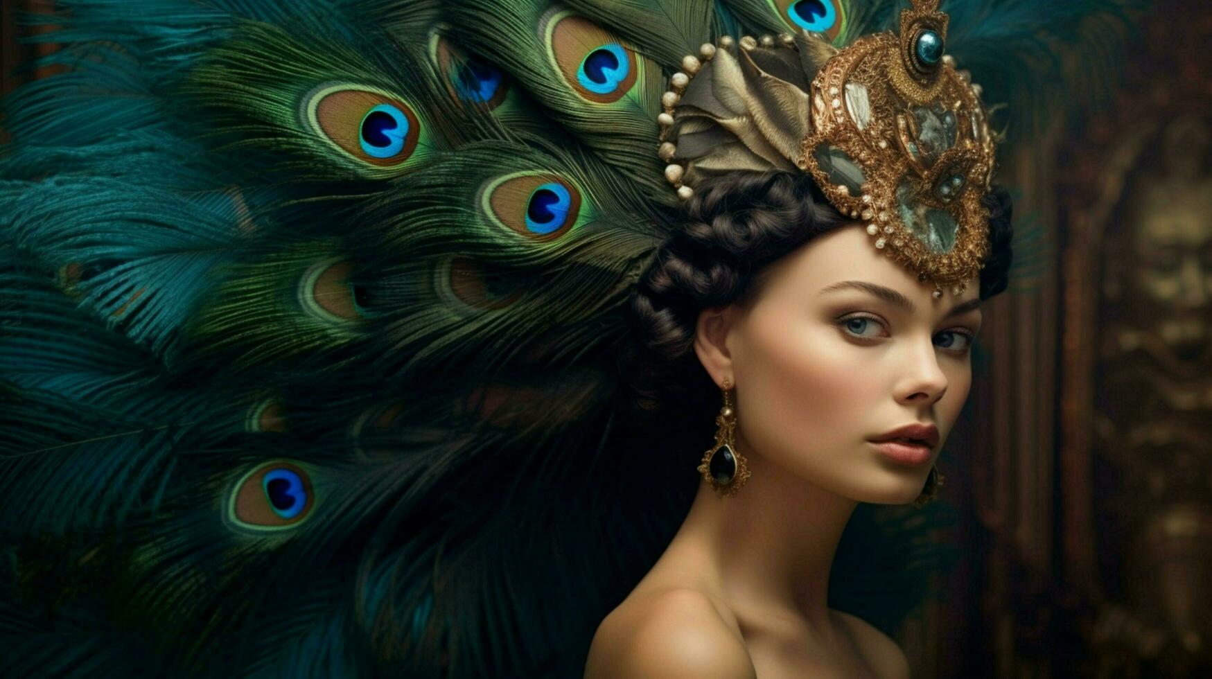 a woman with a peacock feather on her head photo