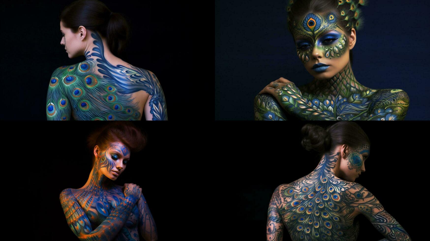 a woman with a peacock painted on her body photo