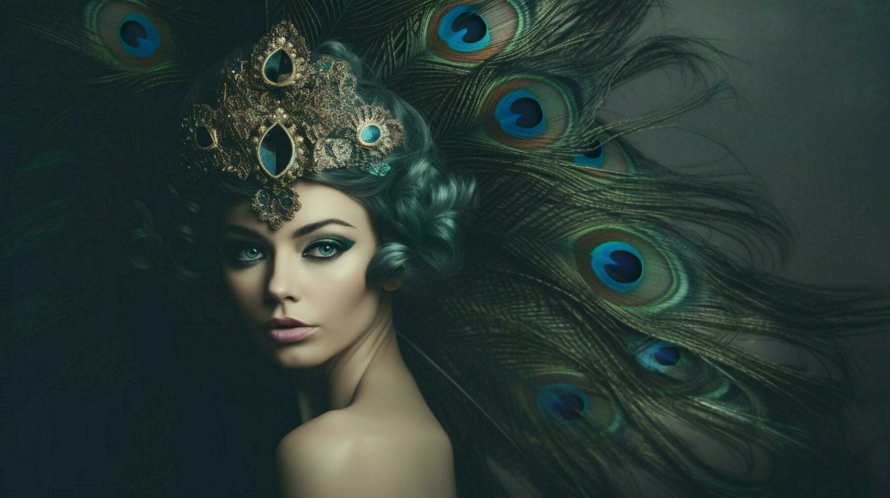 a woman with a peacock feather on her head photo