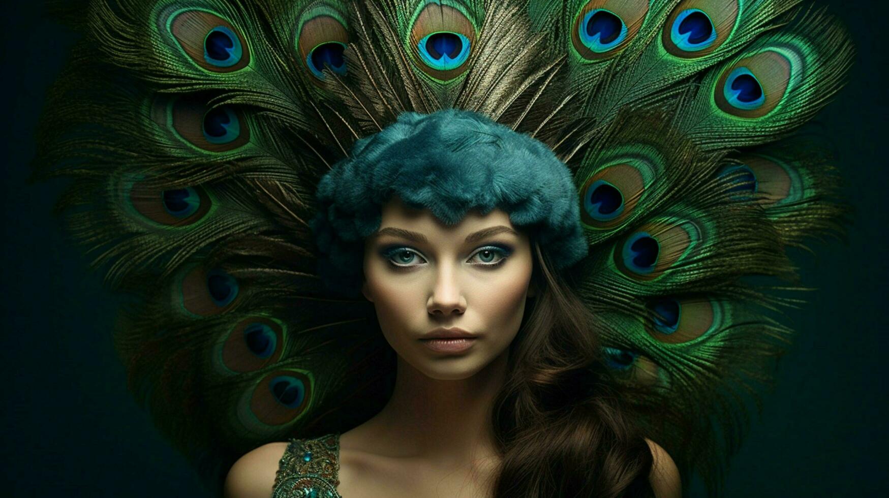 a woman with a peacock feather on her head photo