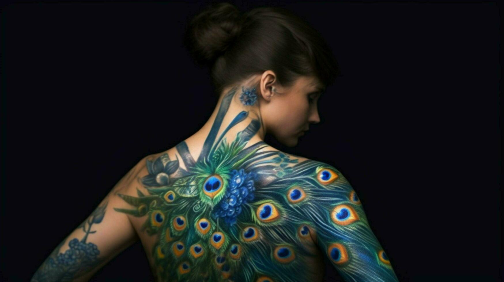 a woman with a peacock painted on her body photo