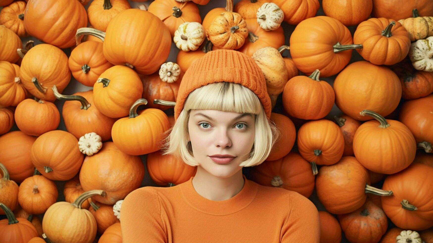 a woman with a pumpkin hat on her head and a bunc photo